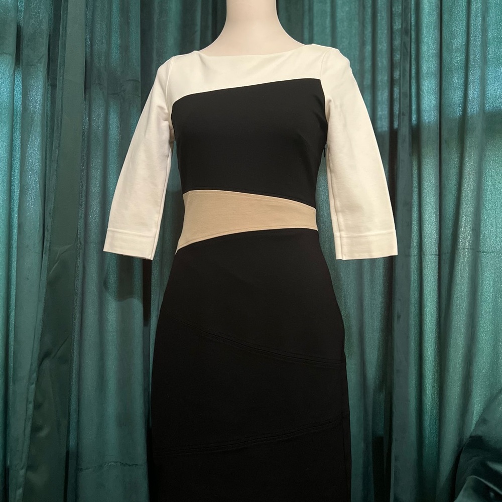 White House Black Market Black and Cream Long Sleeve Dress